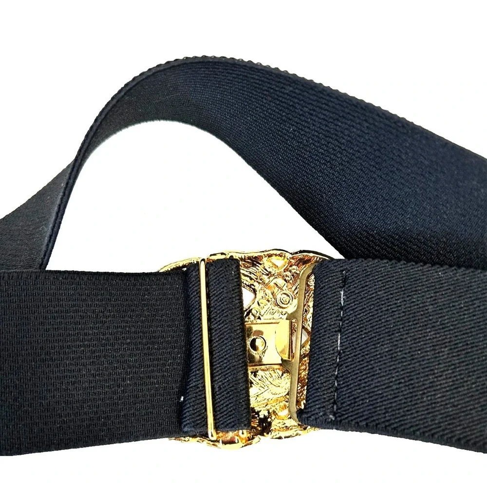 Vintage Day-Lor 80s Black Elastic Cinch Belt M Gold Enamel Knot Buckle USA EUC